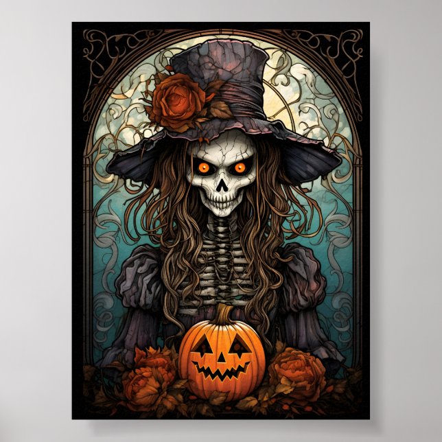 Creepy Skeleton Witch Halloween And Orange Pumpkin Poster (Front)