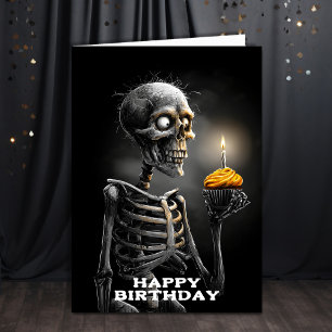 Creepy Skeleton with Cupcake Birthday Card