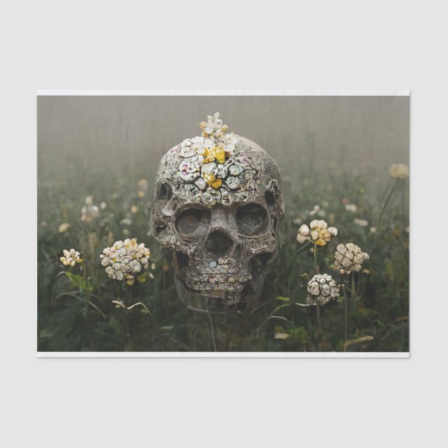 Creepy Skull in Flower Garden Decoupage Tissue Pap Tissue Paper (Front)