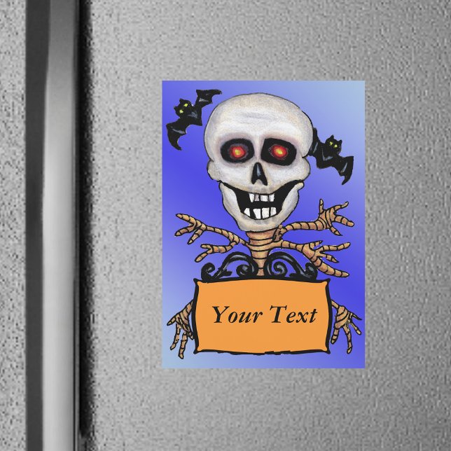 Creepy Skull Tree Beware Sign Bats (Fun spooky skeleton red eyes holding orange sign with flying bats overhead on blue magnetic card.)
