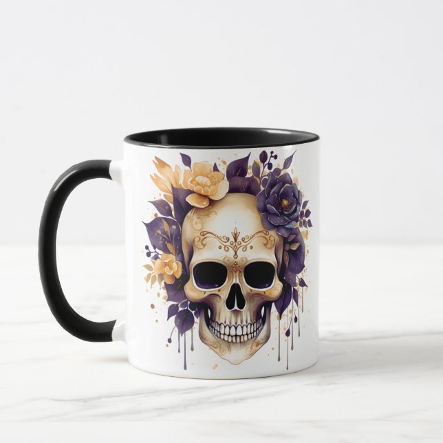 Creepy Skull Yellow and Purple Flowers Halloween Mug (Left)