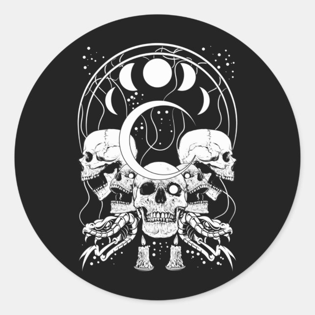 Creepy Skulls Crescent Gothic Moon Phases Snake Classic Round Sticker (Front)