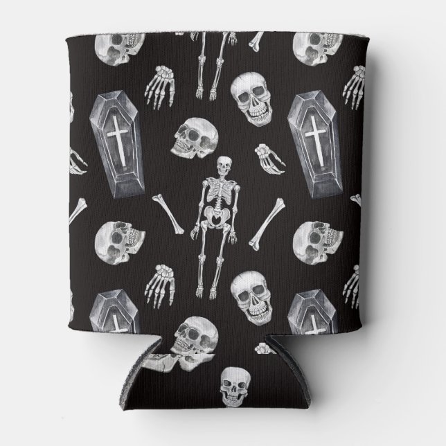 Creepy Skulls: Halloween Watercolor Pattern Can Cooler (Front)