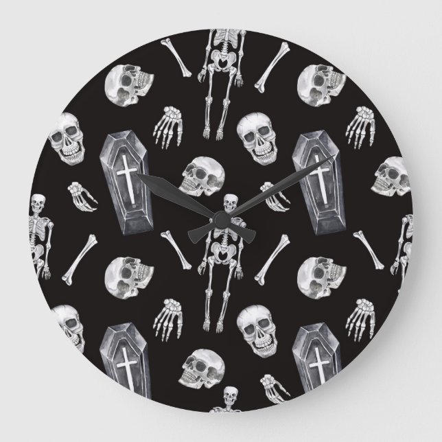 Creepy Skulls: Halloween Watercolor Pattern Large Clock (Front)