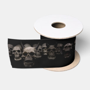 Creepy Skulls with Devil Horns Gothic Halloween Satin Ribbon