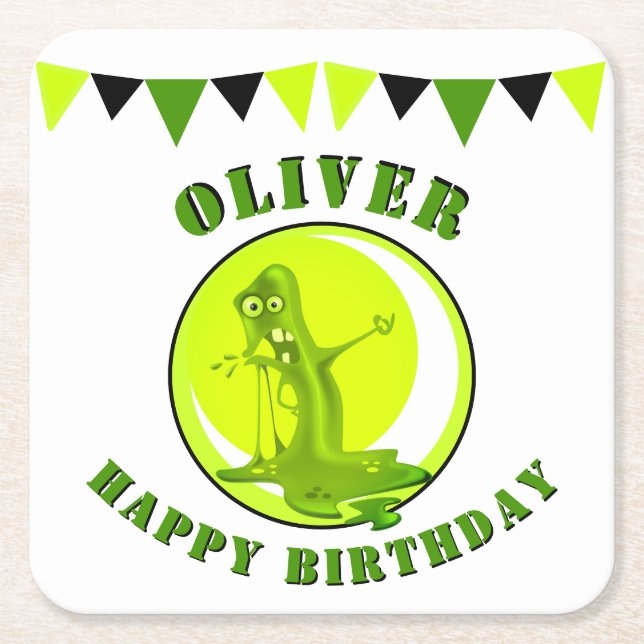 Creepy Slime Monster Kid`s Name Happy Birthday Square Paper Coaster (Front)