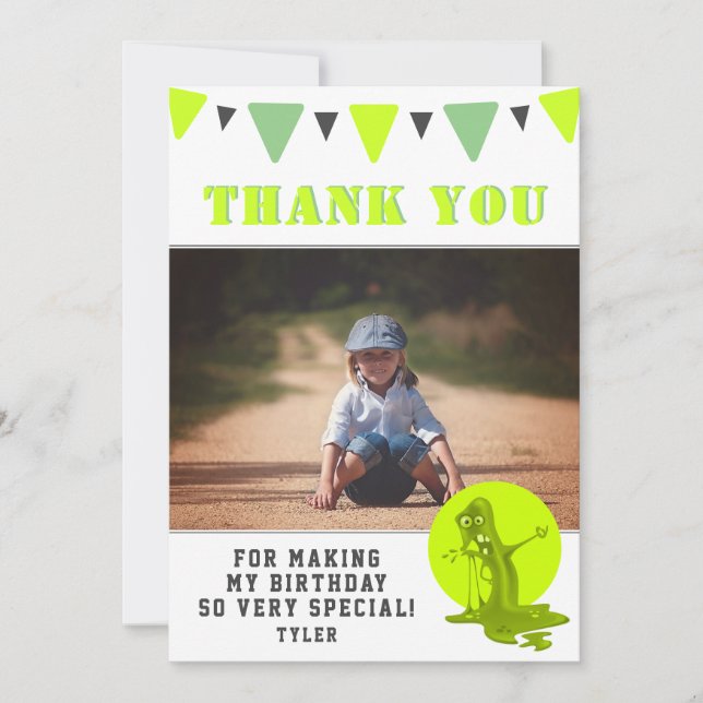 Creepy Slime Monster Photo Birthday Thank You Card (Front)