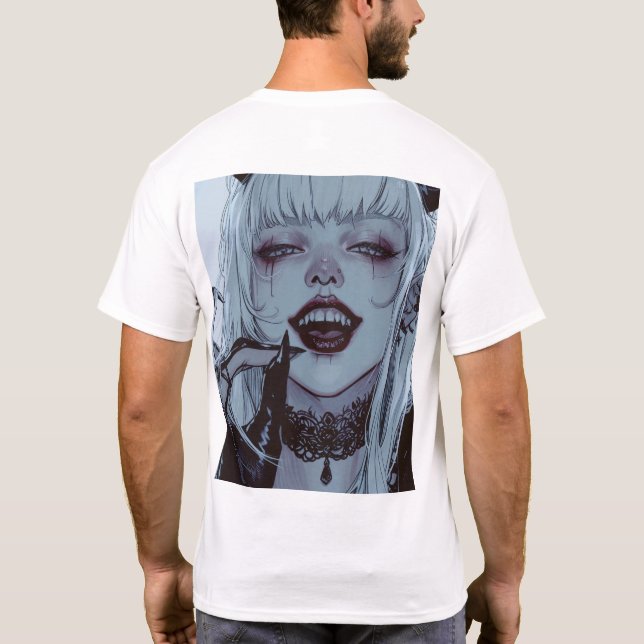 Creepy Smile Anime Girl with White Hair T-Shirt (Back)