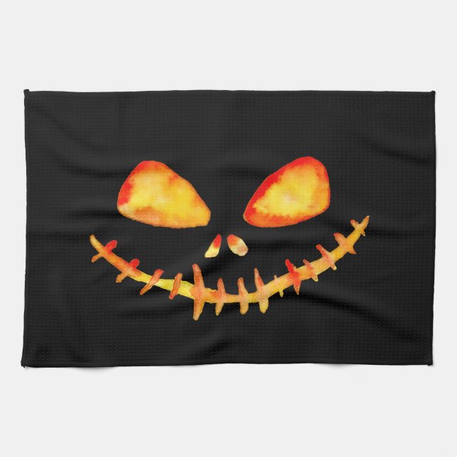 Creepy Smiling Jack O' Lantern Face Tea Towel (Horizontal)