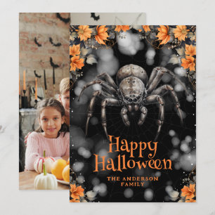 Creepy Spider Floral Photo Happy Halloween Card