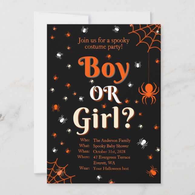 Creepy Spider Halloween Gender Reveal Baby Shower Invitation (Front)