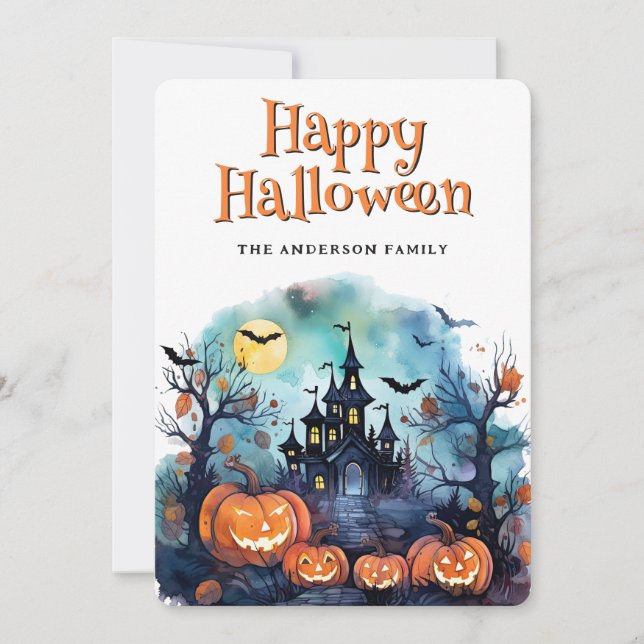 Creepy Spooky Jack O'Lanterns Bats Halloween Card (Front)