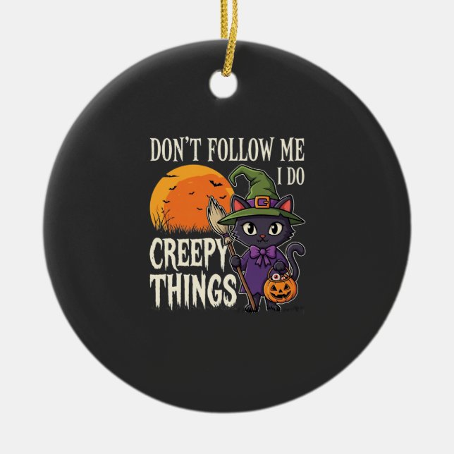 Creepy Things Halloween Cat Witch Design_1 Ceramic Tree Decoration (Front)