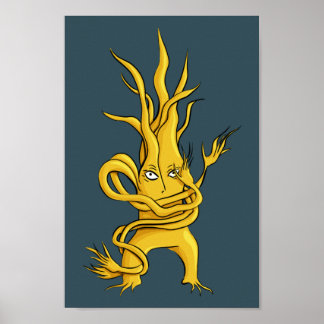 Creepy Tree Character Tangled Branches Yellow Grey Poster