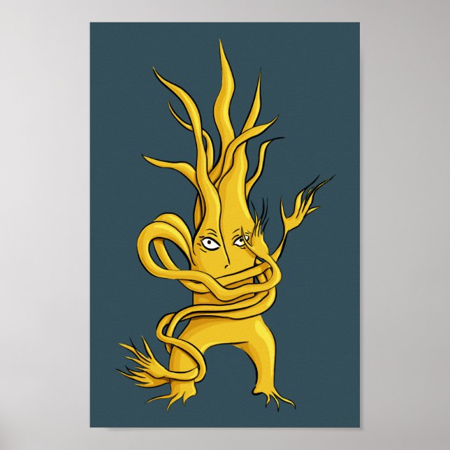 Creepy Tree Character Tangled Branches Yellow Grey Poster (Front)
