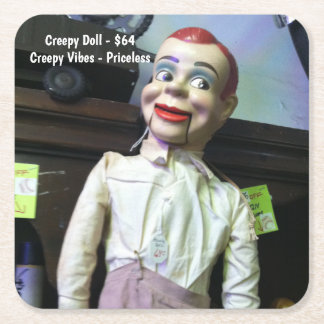 Creepy Ventriloquist Doll Square Paper Coaster
