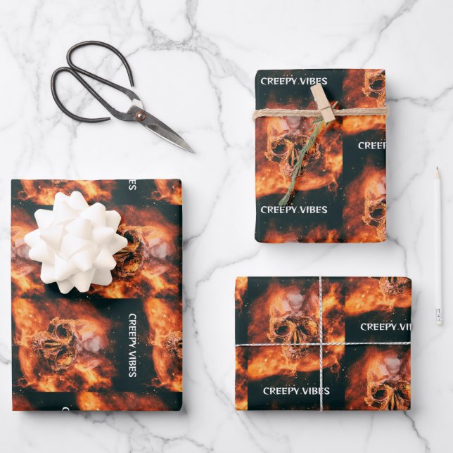 Creepy Vibes. Flaming skull in space Wrapping Paper Sheet (Front)