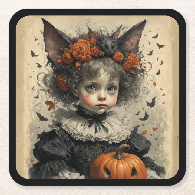 Creepy Victorian Girl Halloween Theme Square Paper Coaster (Front)