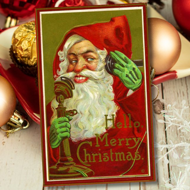Creepy Vintage Christmas Santa On Phone Holiday Card (Creator Uploaded)