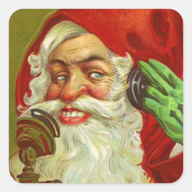 Creepy Vintage Christmas Santa On Phone Square Sticker (Front)