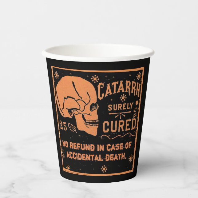 Creepy Vintage Label Catarrh Cure Black Paper Cup (Front)