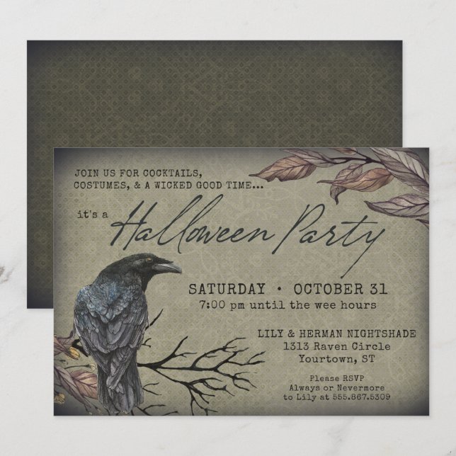Creepy Vintage Raven Spooky Halloween Invitation (Front/Back)