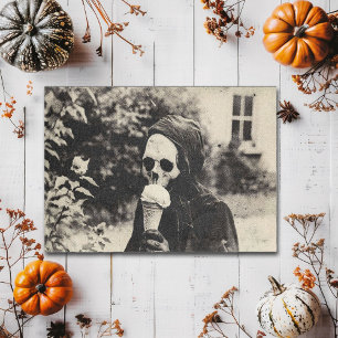 Creepy Vintage Skeleton Eating Ice Cream Halloween Postcard