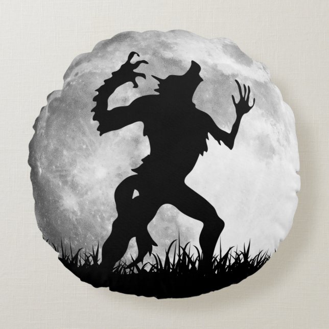 Creepy Werewolf with a Full Moon Round Cushion (Front)