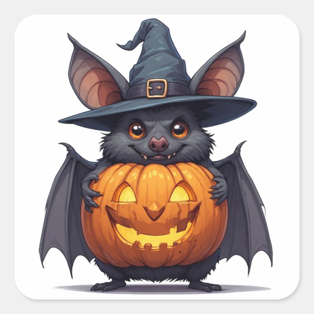 Creepy Witch Bat Holding Jack O Lantern 🦇 Square Sticker (Front)