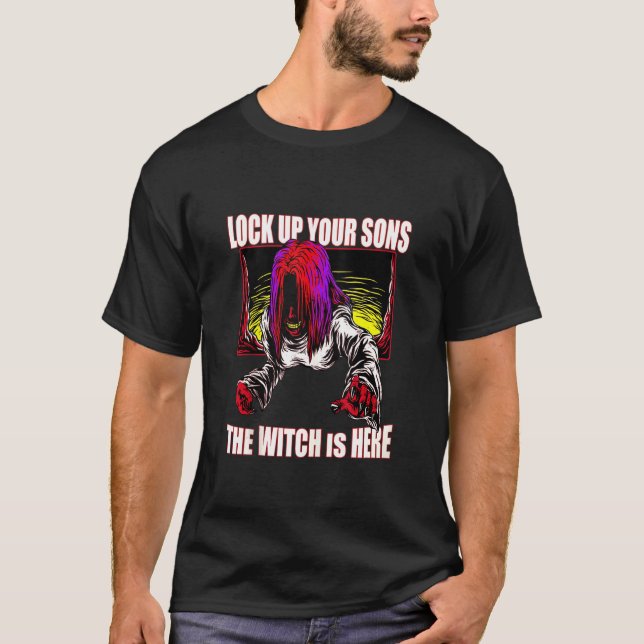 Creepy Witch Halloween Lock Up Your Sons The Witch T-Shirt (Front)