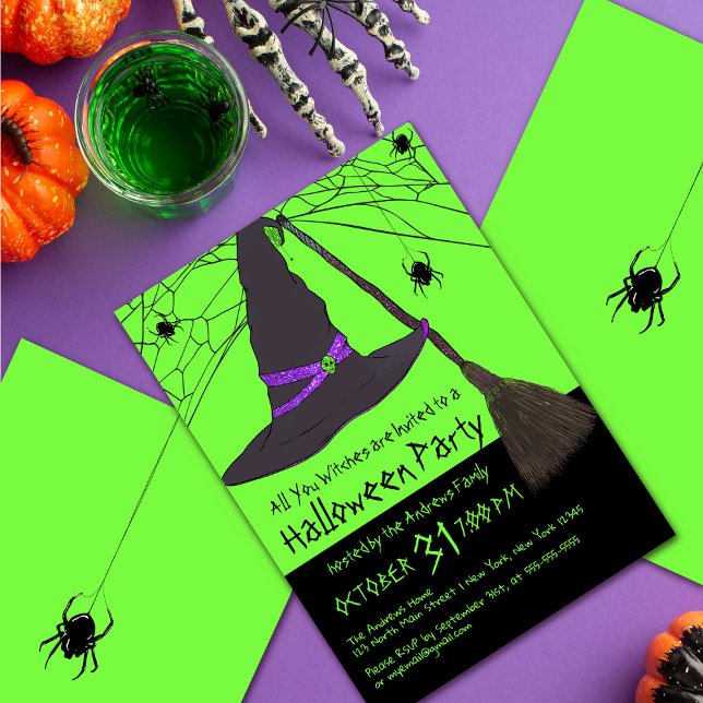 Creepy Witch Hat Spider Web Halloween Party Invitation (Creator Uploaded)