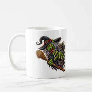 CREEPY WITCH with BROOM and BLACK CAT Coffee Mug