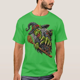 CREEPY WITCH with BROOM and BLACK CAT T-Shirt