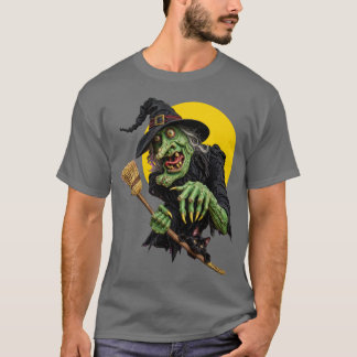 CREEPY WITCH with BROOM and BLACK CAT T-Shirt
