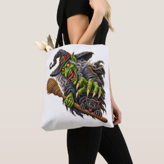 CREEPY WITCH with BROOM and BLACK CAT Tote Bag