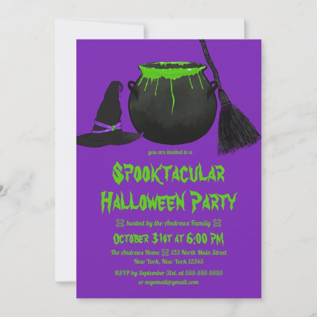 Creepy Witches Cauldron Hat Broom Halloween Invita Invitation (Front)