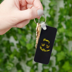 Creepy yellow glow pumpkin face Happy Halloween Key Ring