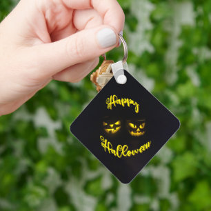 Creepy yellow glow pumpkin face Happy Halloween Key Ring