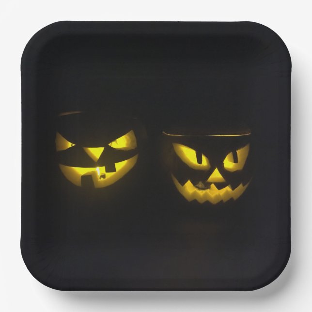 Creepy Yellow Halloween Pumpkin Face on black  Paper Plate (Front)