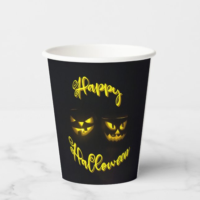 Creepy Yellow Happy Halloween with pumpkin face Paper Cups (Front)