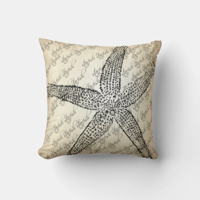 Creme,Black,Starfish Designed Throw Pillow (Front)