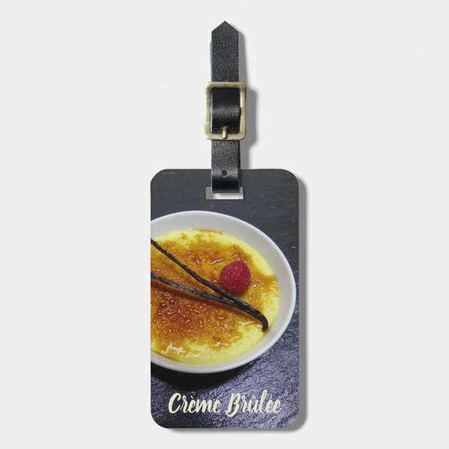 Creme brulee on slate with raspberry and vanilla luggage tag (Front Vertical)
