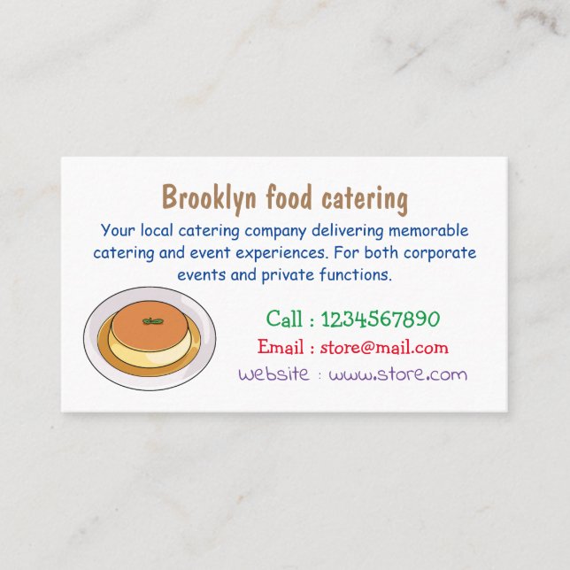 Creme caramel cartoon illustration business card (Front)
