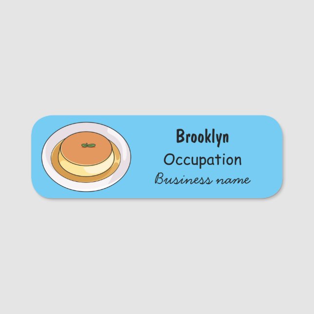 Creme caramel cartoon illustration name tag (Front)