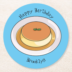 Creme caramel cartoon illustration round paper coaster
