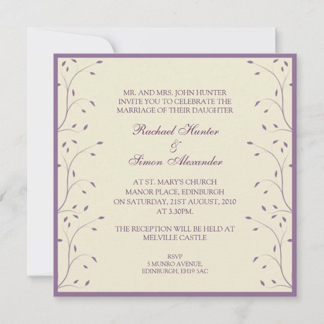 Creme & Purple Floral Wedding Invitation (Front)