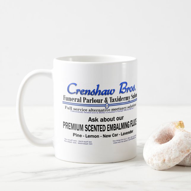 Crenshaw Bros Scented Embalming Fluid Promo Coffee Mug (With Donut)