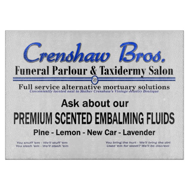 Crenshaw Bros Scented Embalming Fluid Promo Cutting Board (Front)