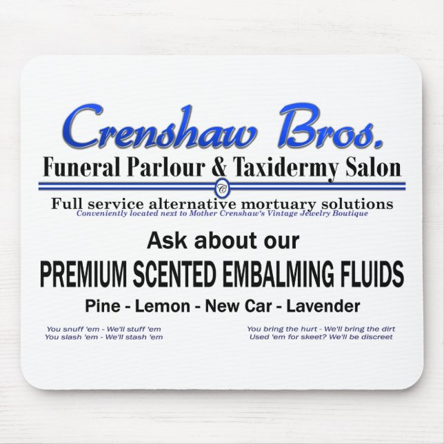 Crenshaw Bros Scented Embalming Fluid Promo Mouse Mat (Front)
