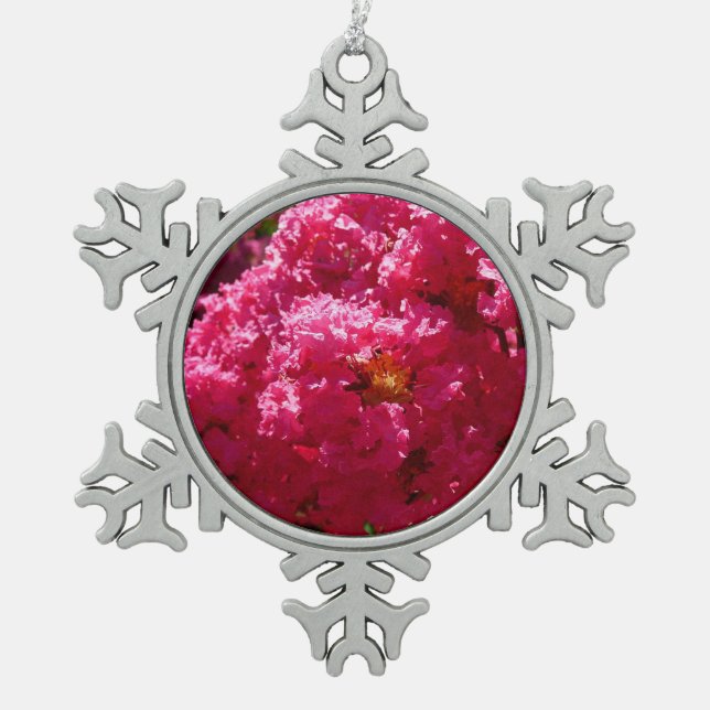 Crepe Myrtle Tree Magenta Floral Snowflake Pewter Christmas Ornament (Front)